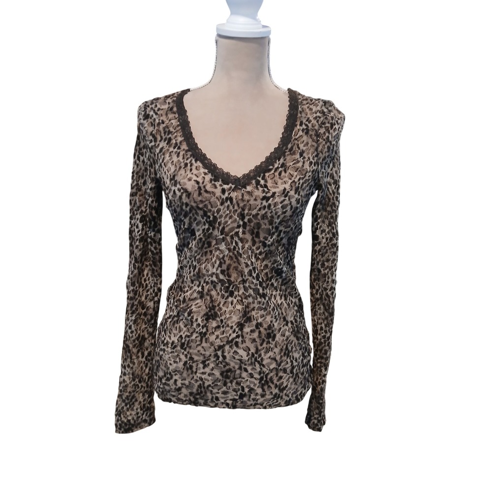 BKE Womens Leopard Animal Print Mesh Lace V-Neck Long Sleeve Top Brown Small
